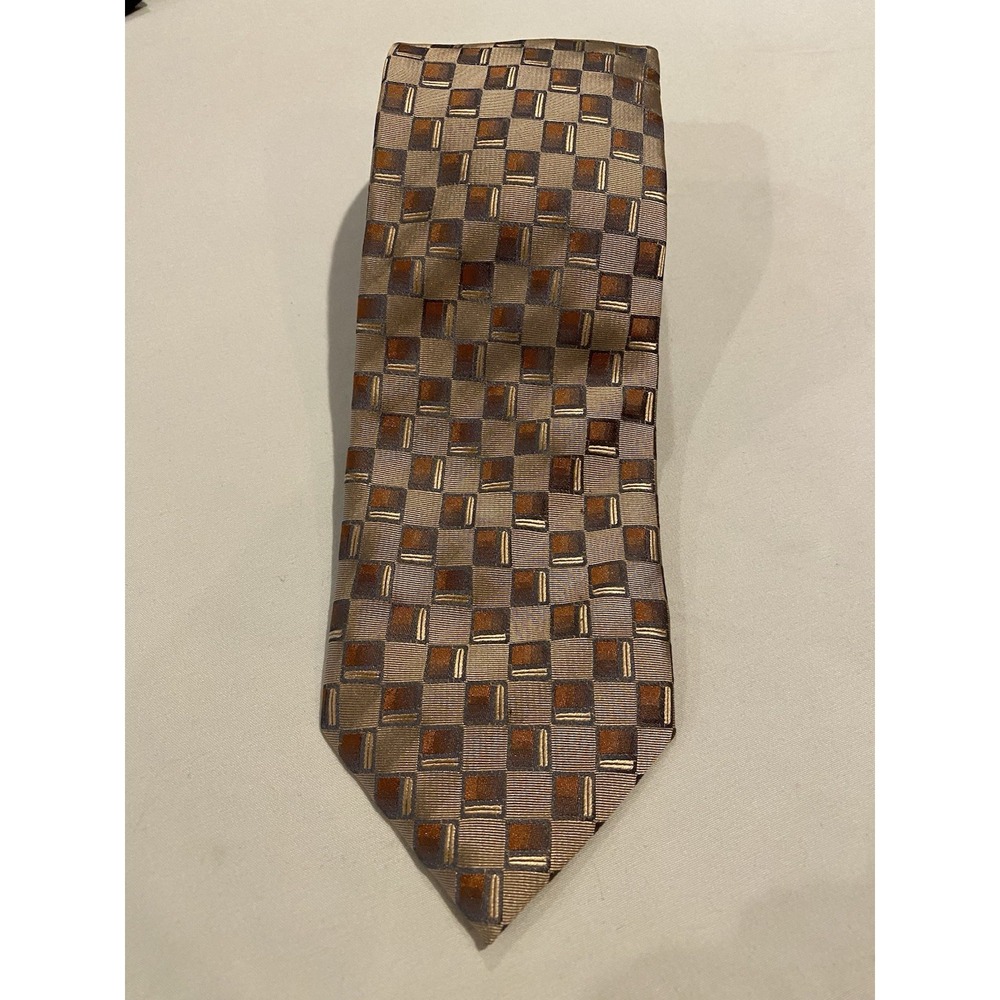 VTG‎ Chereskin Silk Tie Brown Geometric Squares 3 1/8" x 58 5/8" Made in USA Y2K